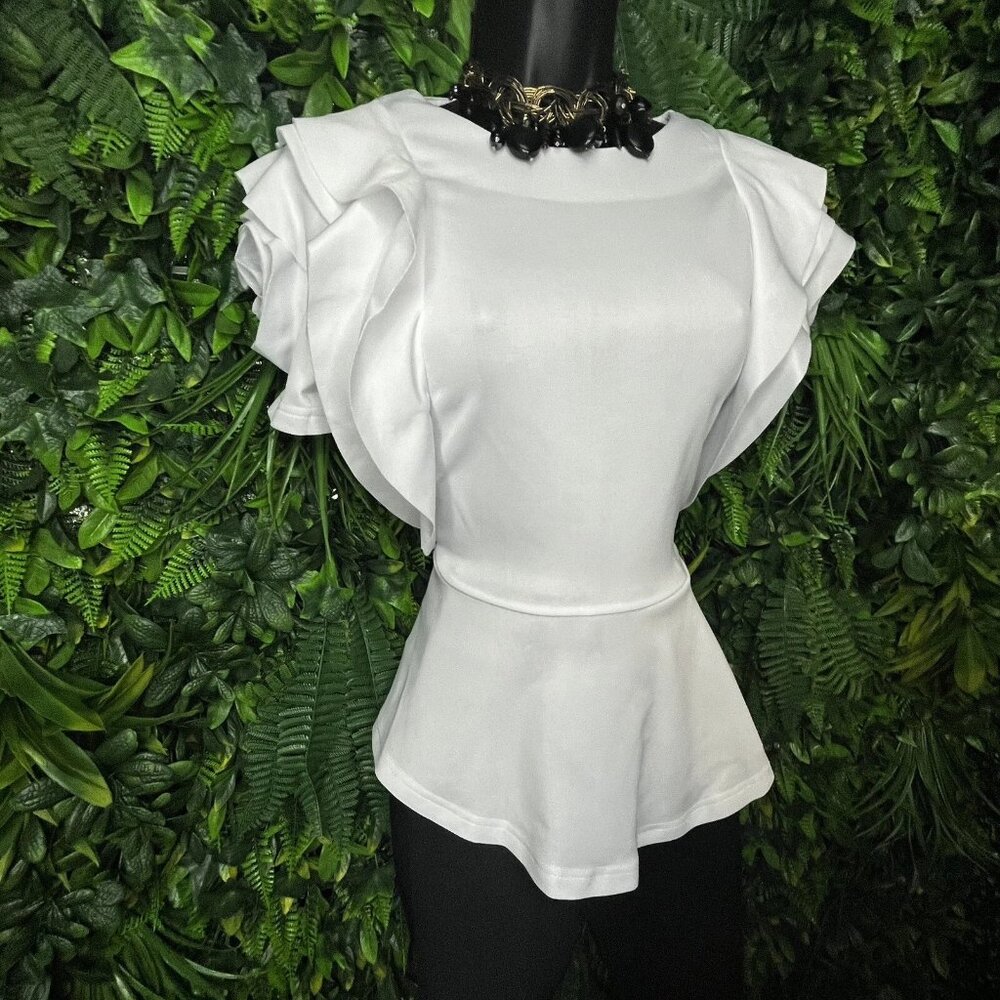 NWOT Women Tops Small White Peplum Rose Ruffle Layered Sleeve KLOSET THERAPY
